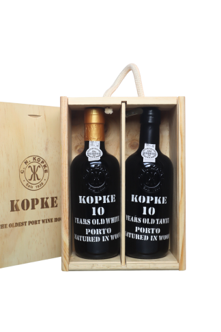 Kopke Kistje met 2 halve flesjes 10 Years Tawny en 10 Years White Port (375 ml.)